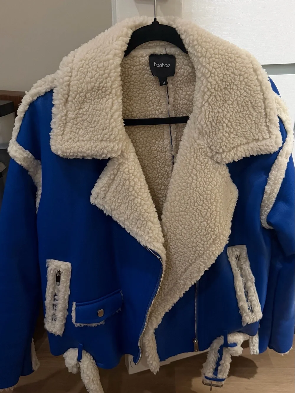 boohoo Blue Aviator Jacket with Cream Sherpa Lining